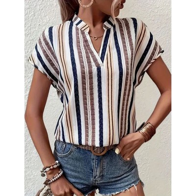 Printed V-neck batball sleeve shirt女士休闲印花V领蝙蝠袖衬衫