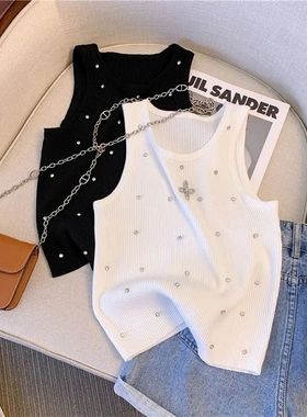 Sleeveless white studded suspender ves t无袖白色钉珠吊带背心