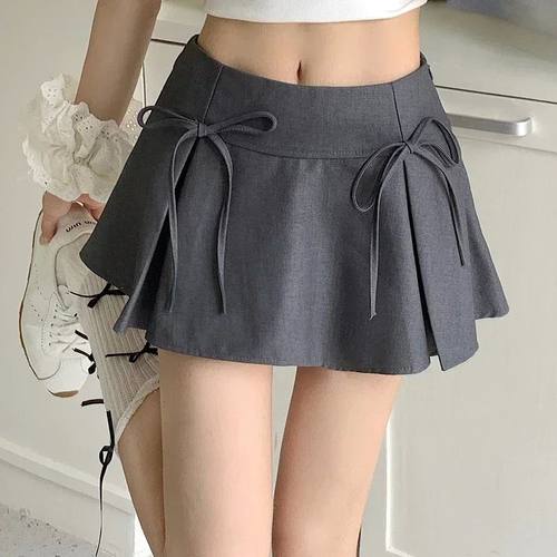 Solid color bow tie low waist short skirt 蝴蝶结绑带低腰短裙