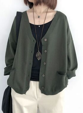Solid color V-neck loose cardigan jacket 纯色V领宽松开衫外套