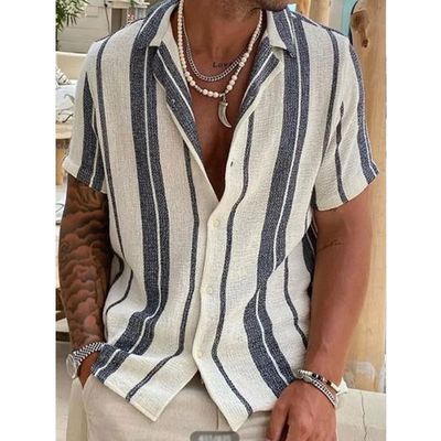 3D digital printed striped casual shirt3D数码印花条纹衬衫男