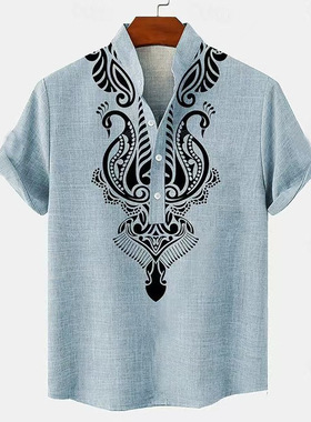 3D digital printed short sleeved shirt 3D数码印花纽扣V领衬衫