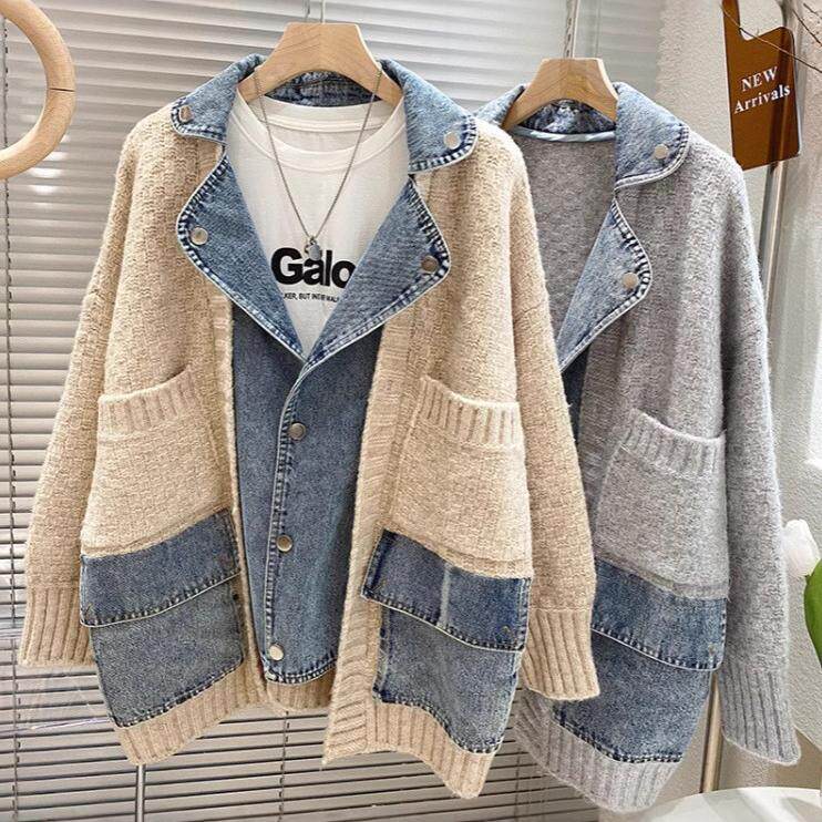 Collar patchwork denim loose jacket 休闲翻领拼接牛仔宽松外套