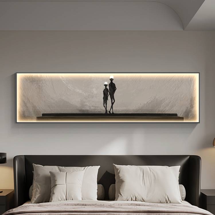 现代简约主卧室装饰画抽象人物led灯画床头横版极简挂画发光壁画图片