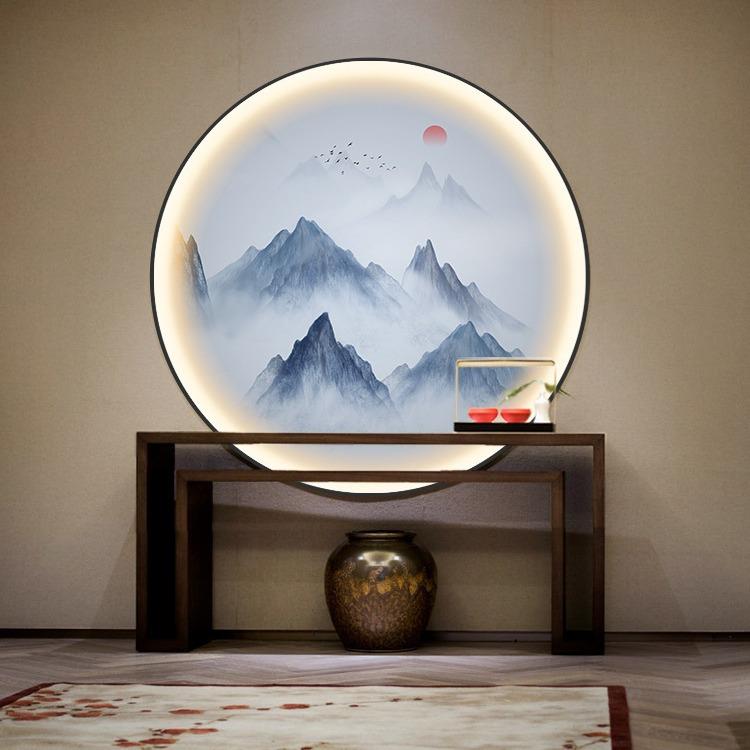 N户6RS圆形中式玄关装饰led画发光酒风景挂画软装店F76TH9MT入茶图片