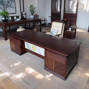 新中式实木办公188桌老总板办端公室黑桃木裁桌新款胡高董事长大