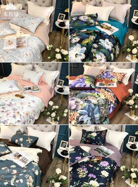 BK9K四美式性0个支贡RGQ缎长绒棉件套印花纯棉深色春夏床上用6品