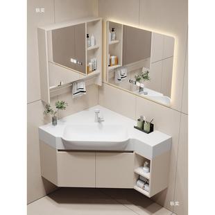 简约风悬挂式 岩板无台缝陶瓷橡胶木浴室229盆漱柜卫生间洗定.制