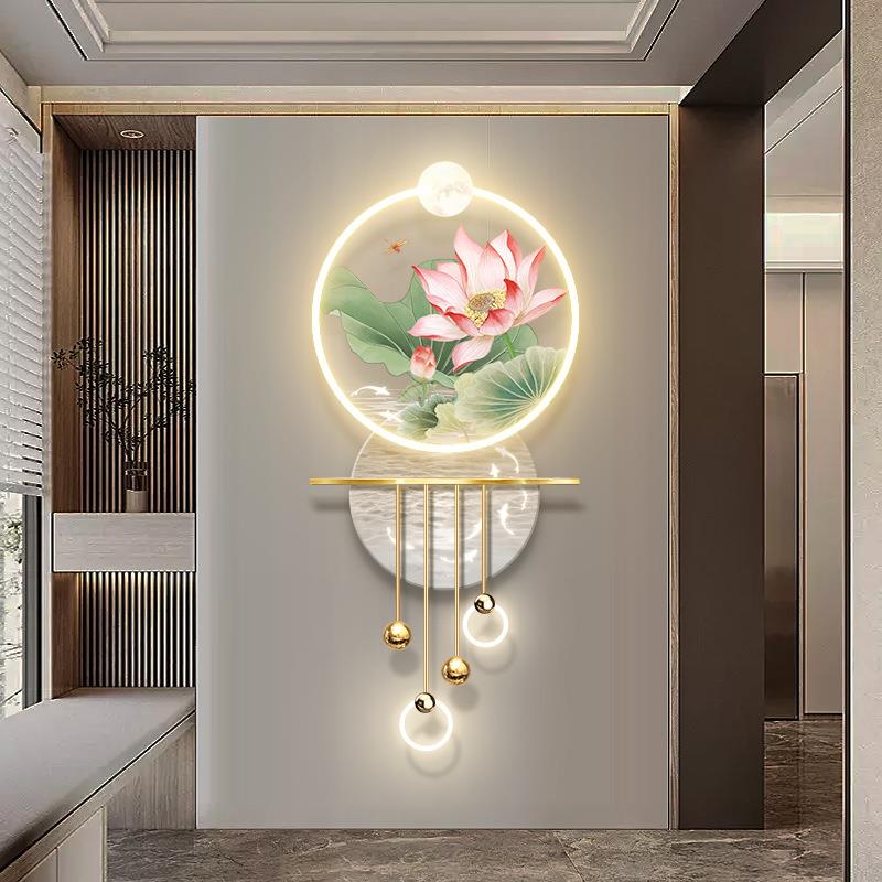 荷花玄关装饰画轻奢过道走廊尽头新中式立体壁灯画带led客厅挂画图片