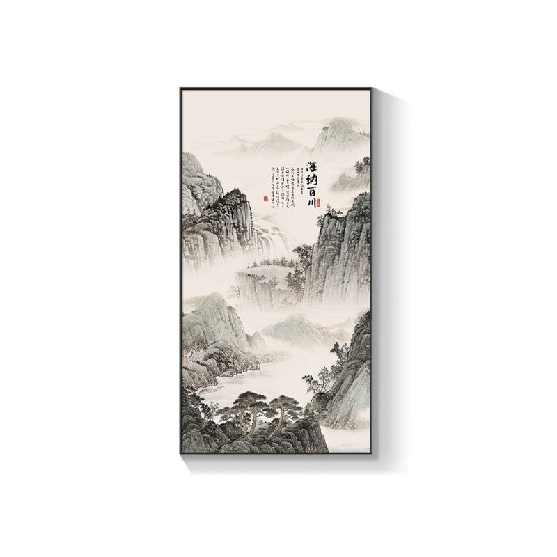 入户正对门玄关装饰画竖版山水挂画中国风走廊尽头过道墙壁水墨画