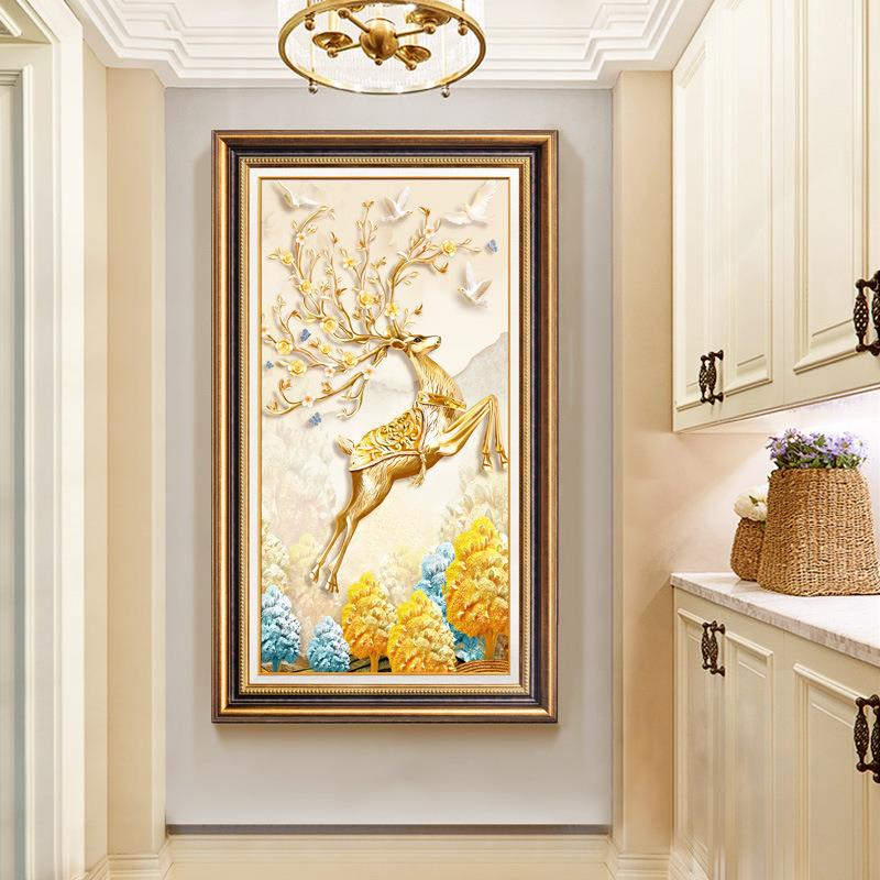 欧式玄关装饰画美式风格入户走廊过道竖版挂画书房大气壁画麋鹿图片
