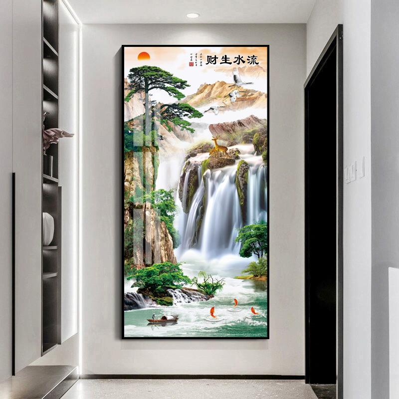 流水生财挂画玄关装饰画走廊过道尽头山水画竖版入门新中式墙壁画