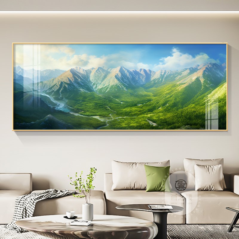 绿色青山图客厅装饰画横版背有靠山沙发背景O墙壁有山无水大气挂