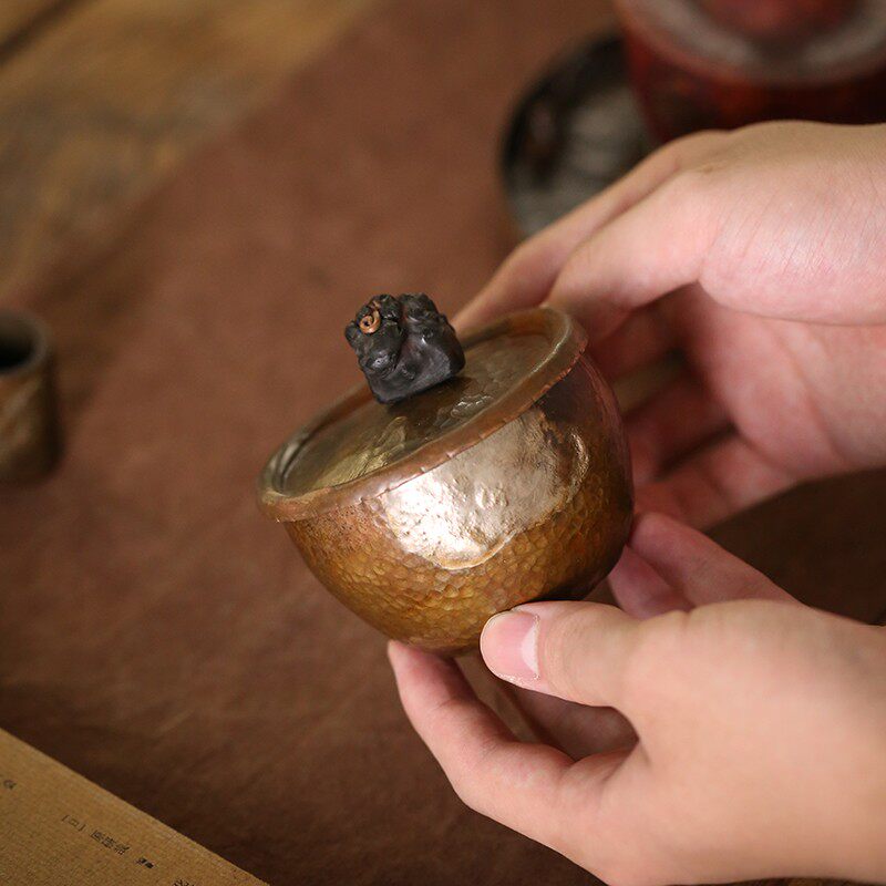 手工锤纹紫铜醒茶叶罐密封普洱茶小茶叶罐复古带盖子Y中国风醒茶