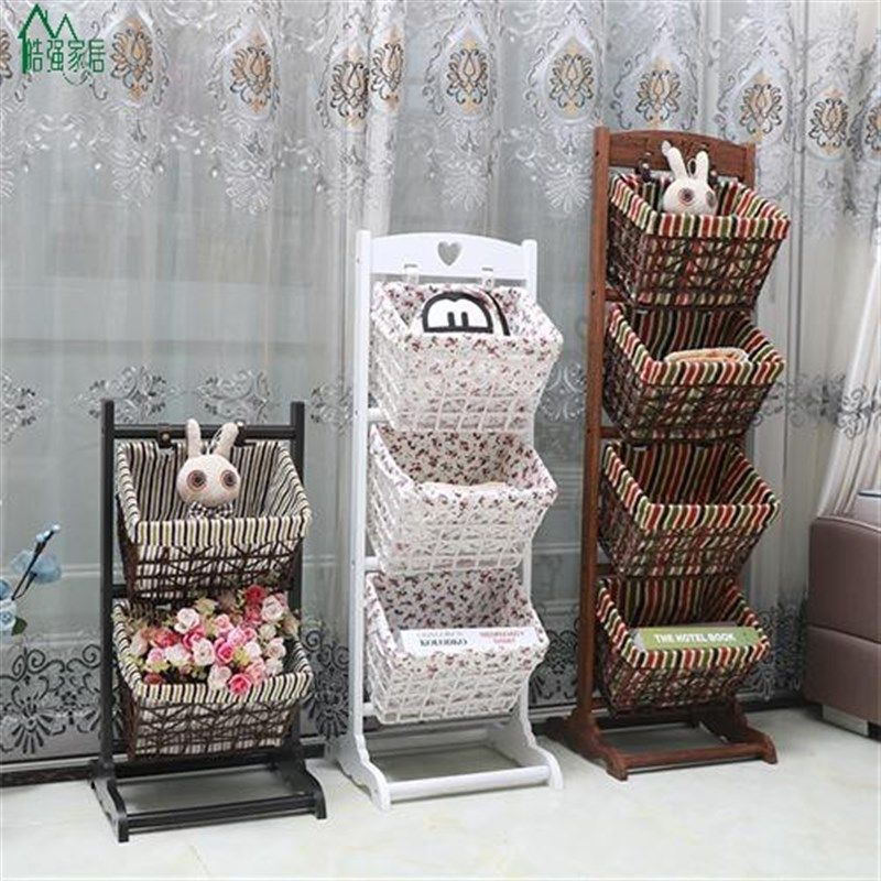 收纳篮田园藤编多层布艺r书报架编织筐储物架置物架客厅落地收纳