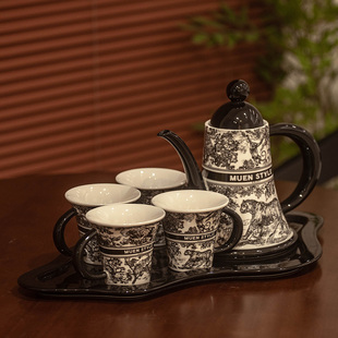 茶具水具套装 复古个性 家用客厅待客喝水杯子高级感W陶瓷茶壶茶杯