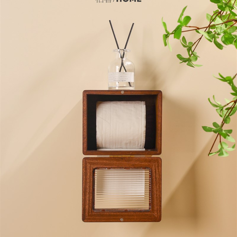 家用实木卷纸盒j卫生间厕所抽纸盒壁挂免打孔卫生纸亚克力置物架