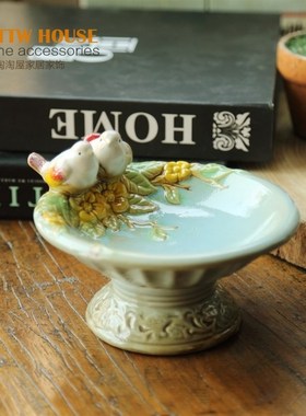 美式乡村 陶瓷釉面p 浅蓝色对鸟花朵摆件 果盘肥皂摆件
