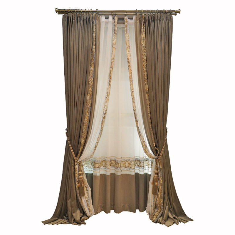 高档别墅咖啡色美式窗帘刺绣花丝绒客厅大气卧室S法式轻奢遮光加