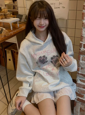 ADC-FZ美式卡通猫爪印花白色卫衣女2025早秋慵懒风oversize外套