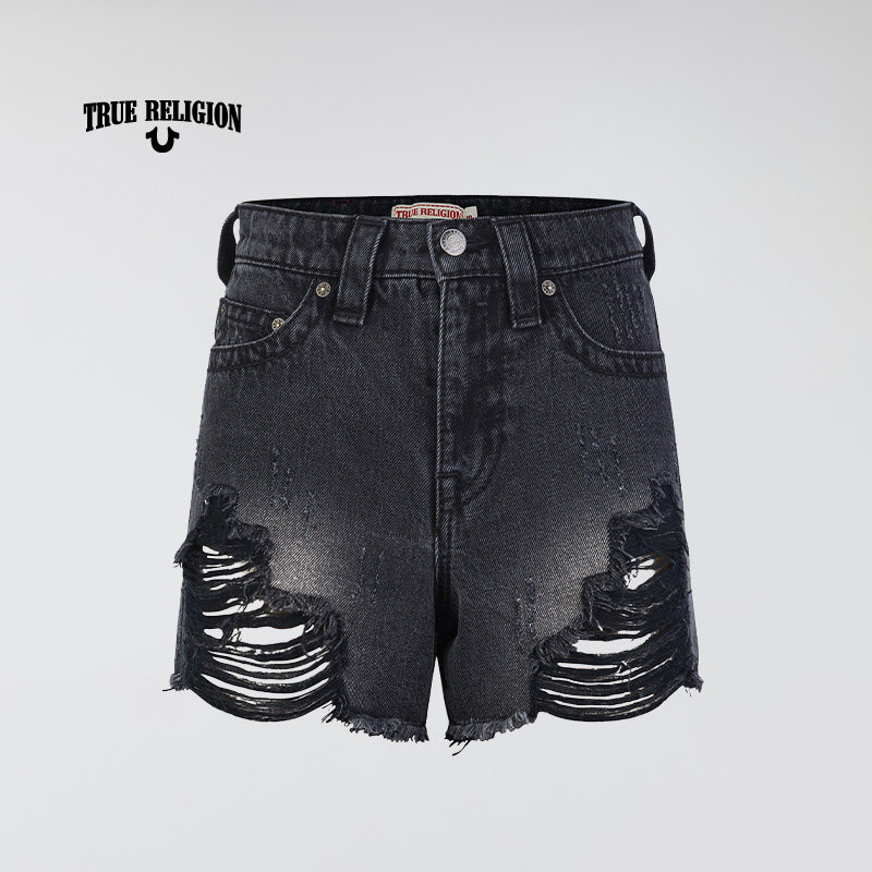 TrueReligion2024秋冬新品女士破洞毛边牛仔短裤