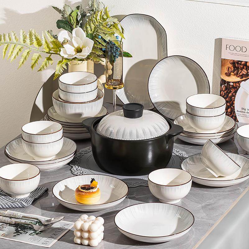 日式简约线条碗盘套装加厚防烫陶瓷厨具饭碗盘子组合釉下彩乔迁礼,餐饮具,碗,淘宝优惠券,粉丝福利购,淘宝优惠卷