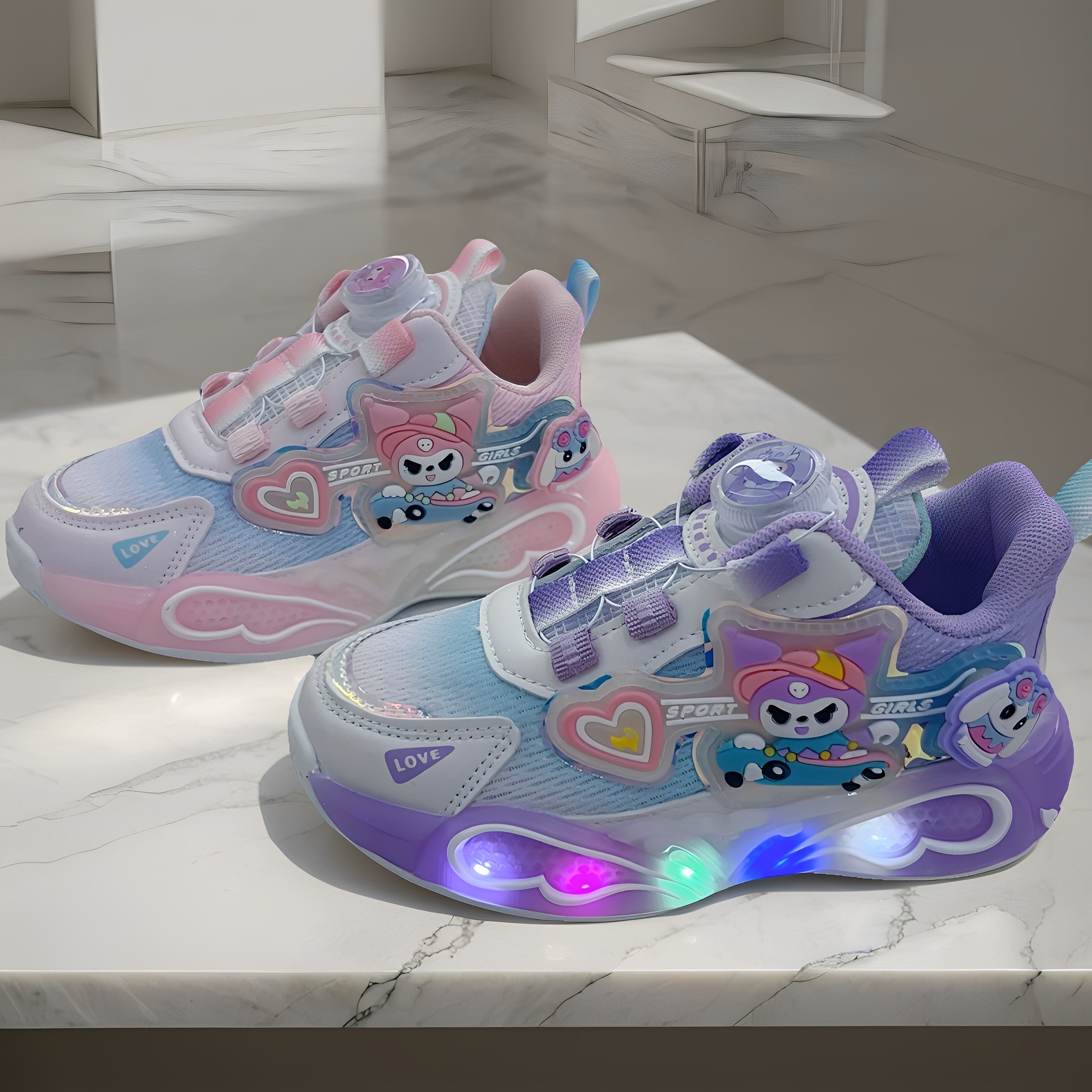 女童秋季新款库洛米带灯儿童纽扣运动鞋透气轻便软底不臭脚不闷脚