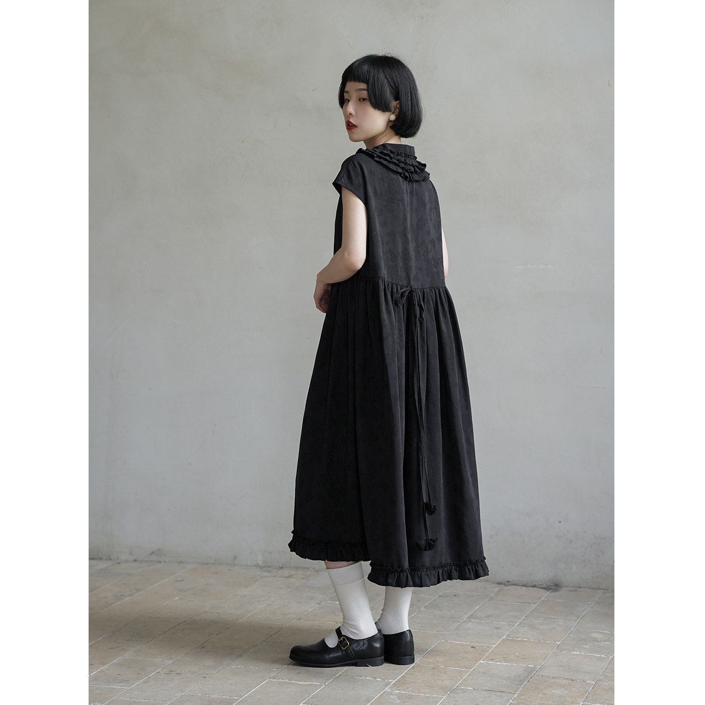 然而和风 旗袍领少女感连衣裙女夏季新款木耳花边立体小花长裙