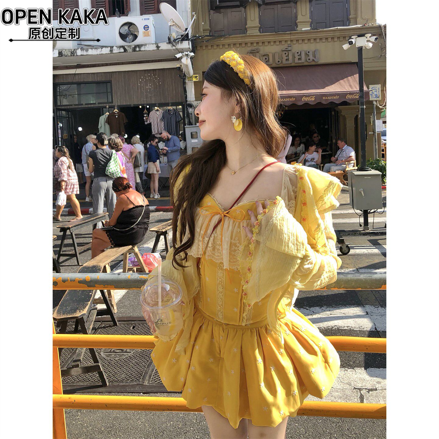 花神lady明媚小黄花蕾丝露背束腰胸衣蝴蝶结花苞裙裙裤三件套夏