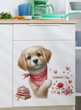 2024跨境情人节墙贴画Valentine'sDay卡通狗玫瑰画房间墙面背景贴