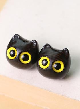 黑檀雕刻异瞳小猫咪立体镶嵌猫头吊坠钥匙扣手机链创意配件工艺品