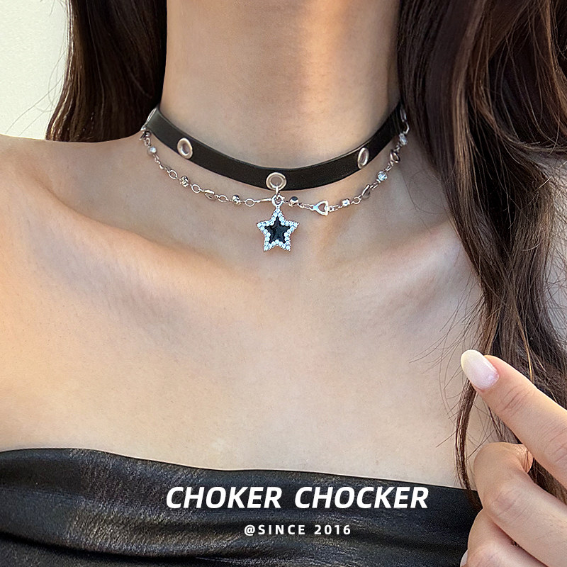 黑色皮革星星脖颈链项圈女choker甜酷辣妹高级感锁骨链小众配饰品