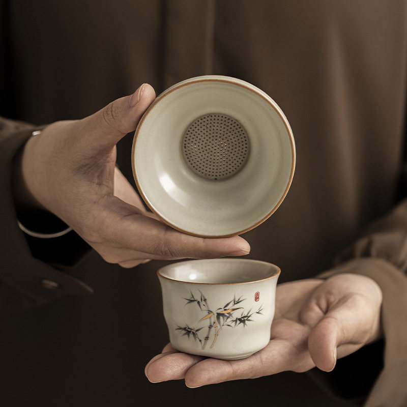 米黄汝窑富竹茶滤套组中式家用茶叶过滤器网茶隔茶道茶滤陶瓷一体