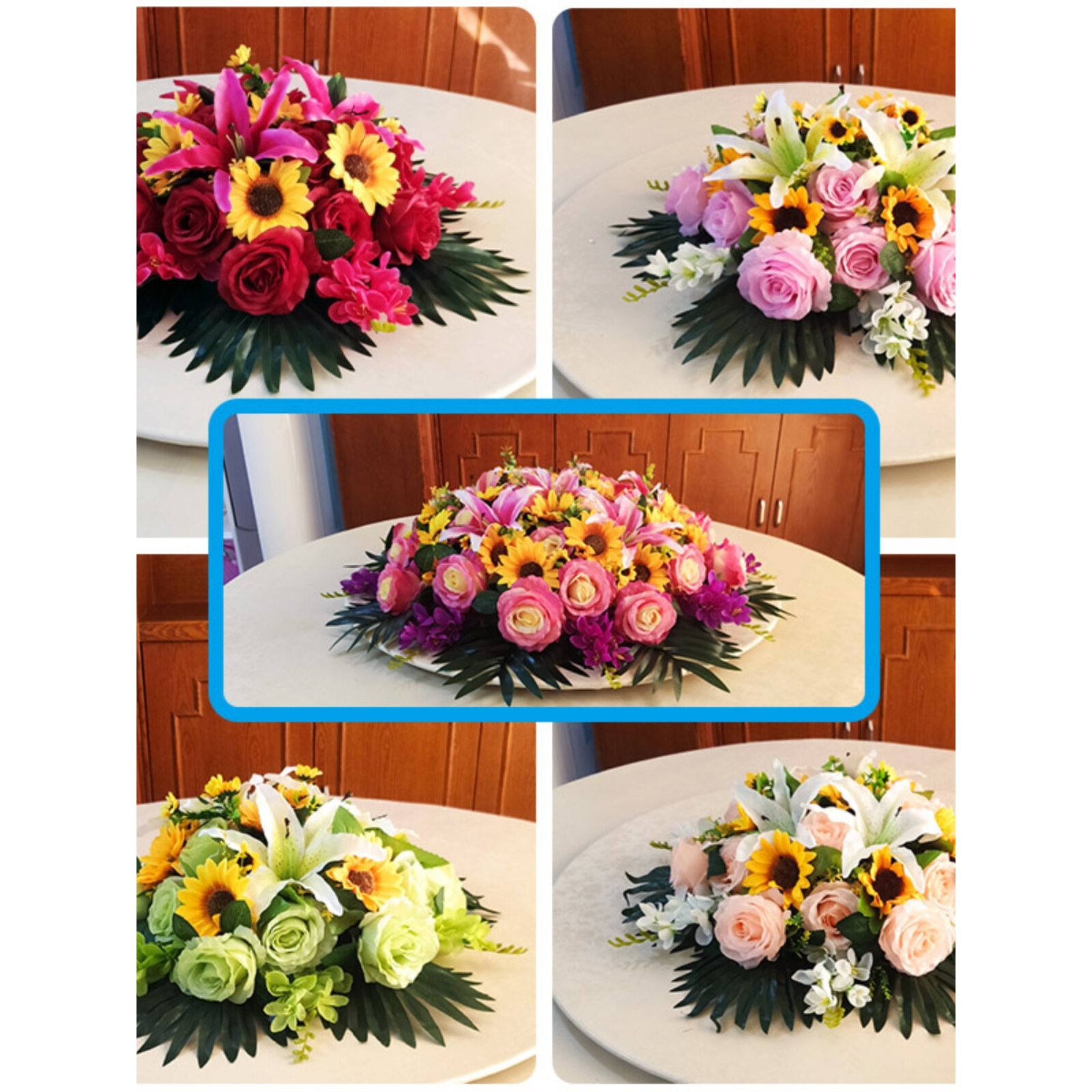 酒店饭店圆桌中间摆花转盘装饰花餐桌花假花绢花塑料摆件插花