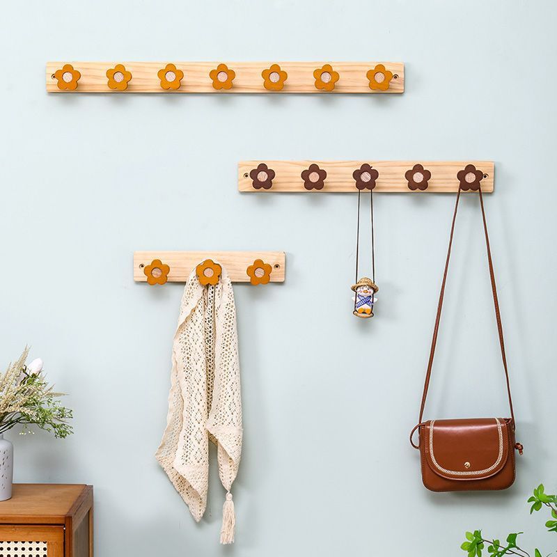 打孔衣帽架长条实木挂衣钩挂衣架花朵挂墙入户门衣柜收纳置物架免