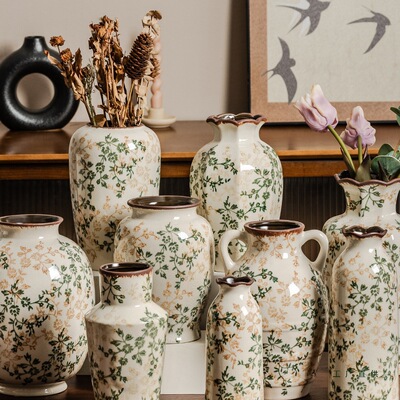 新中式手绘繁花复古陶瓷花瓶摆件高级感田园风客厅装饰水培插花器