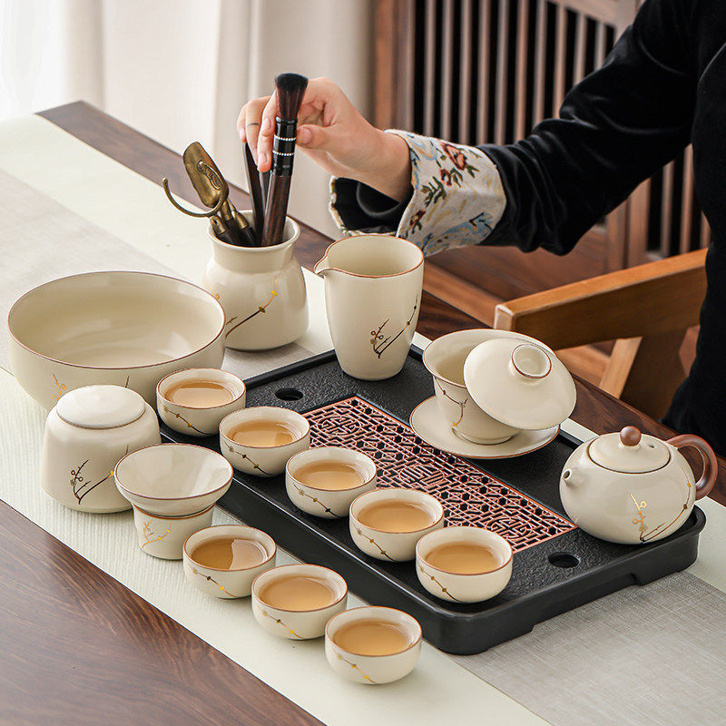 描金梅花汝窑功夫茶具套装家用客厅办公室高档陶瓷泡茶壶盖碗茶杯