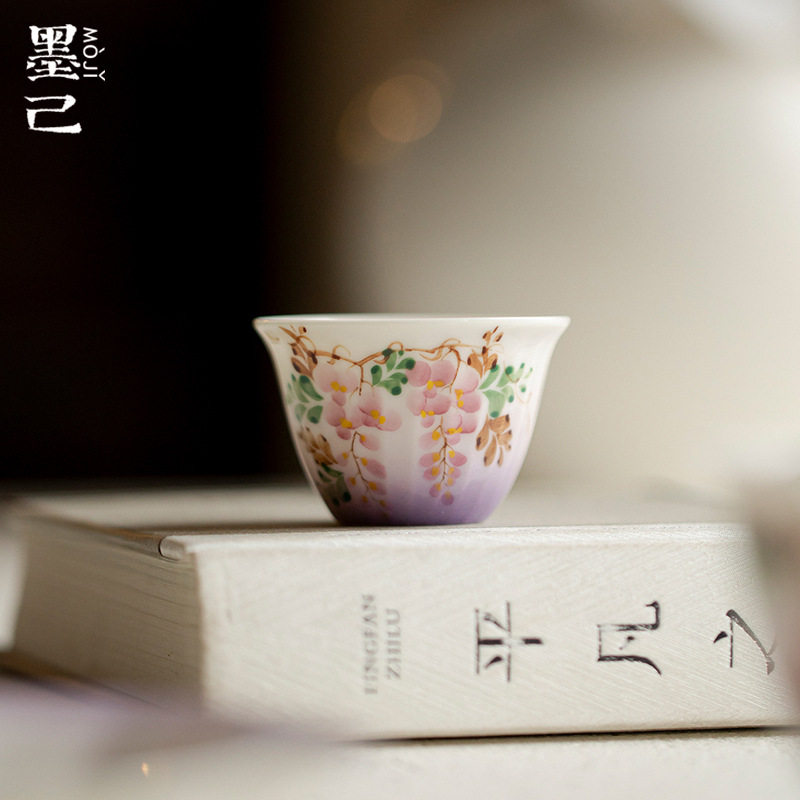 墨己玉泥手工陶瓷茶杯小号手绘紫藤花功夫茶具家用品茗杯单杯杯子