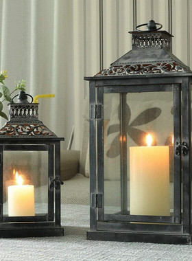 欧式复古铁艺风灯烛台香薰灯笼灰旧婚礼做蜡烛金属家居摆件装饰品