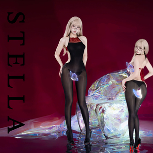STELLA挂脖连体打底衣6D丝滑油亮蕾丝肚兜无缝连体衣丝袜私房摄影