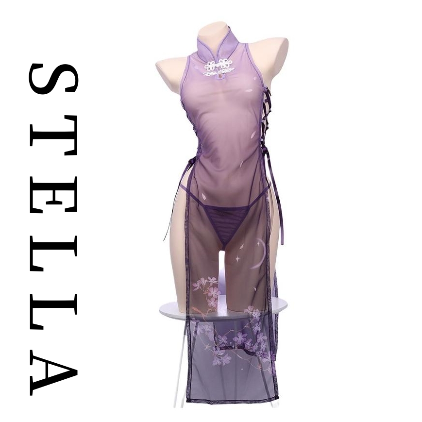 STELLA绑带修身透透网纱旗袍制服