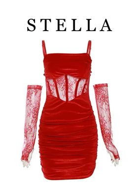 STELLA法式蕾丝气质御姐性感红色吊带包臀连衣裙主播摄影演出服
