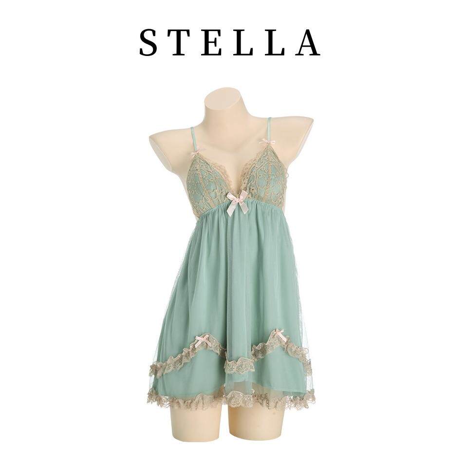 STELLA 甜美苹果绿公主网纱加胸垫吊带裙蕾丝睡裙家居服套装