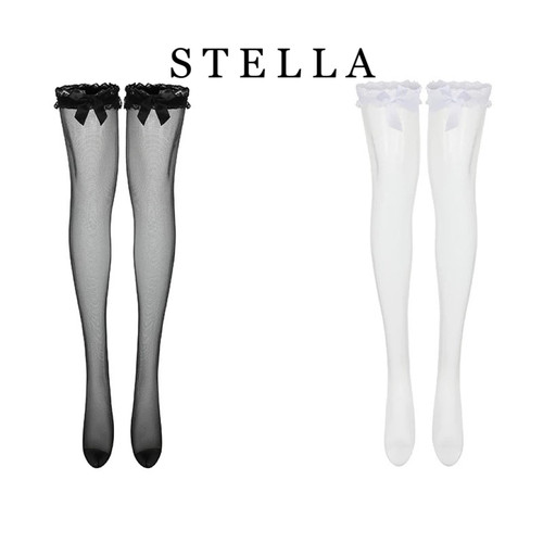 STELLA蝴蝶结蕾丝长筒袜过膝纯欲白丝超薄JK丝袜女性感大腿袜黑丝