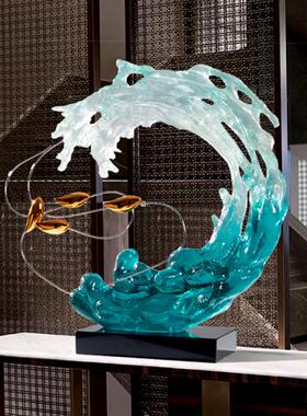 由居 现代轻奢游鱼浪花雕塑客厅玄关走廊样板房新中式艺术品摆件