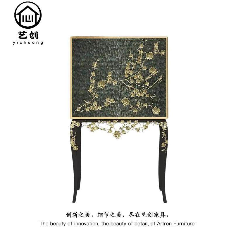 意式轻奢实木酒柜别墅设计师红酒展示存储柜高端黄铜花朵装饰酒柜
