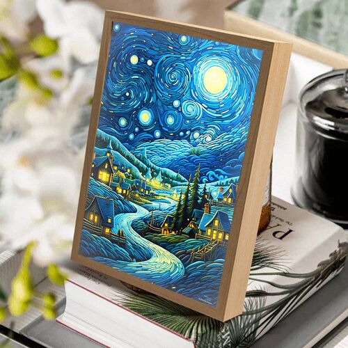 速发星月夜灯光画梵高星空小夜灯发光摆件开灯画框油画装饰画镜子
