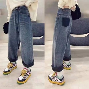 速发梨型身材裤子秋装高码宽大牛仔裤裤松腰直筒阔腿裤