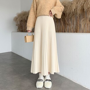 速发冬季长裙到线踝冬个子针织半身裙中长款高腰毛脚秋高a字百褶