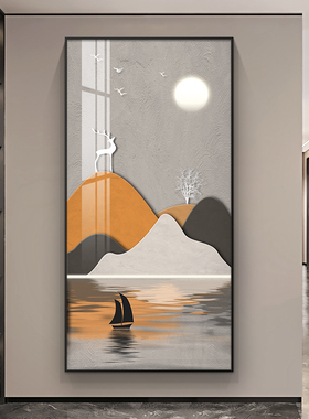 速发轻挂玄版装饰画橙色麋鹿竖关山水画奢画客厅玄幻走廊过道壁画